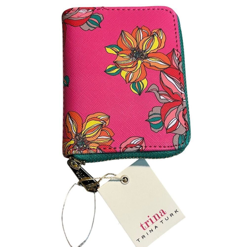 Trina Turk Multi Colored Bright Fun Preppy Floral Gold Zipper Wallet New